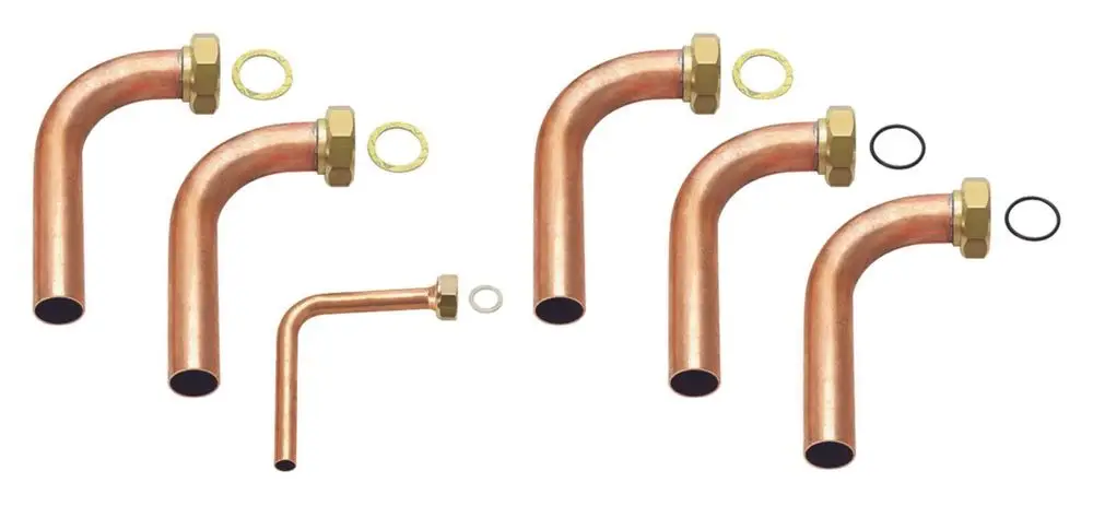 Installationsset aus Kupfer mit mehreren 90-Grad-Bögen und Befestigungselementen, geeignet für Vaillant flexoTHERM Anwendungsbereiche.